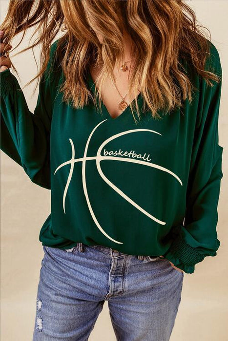 Basketball Inspired Smocked Long Sleeve Top with Round Neck