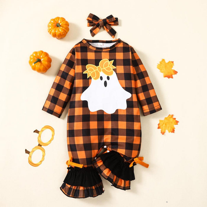 Adorable Plaid Ghost Baby Romper with Bow and Ruffle Details - Halloween Inspired Infant Jumpsuit