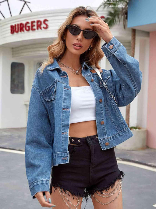 Chic Collared Denim Jacket with Pockets and Dropped Shoulders