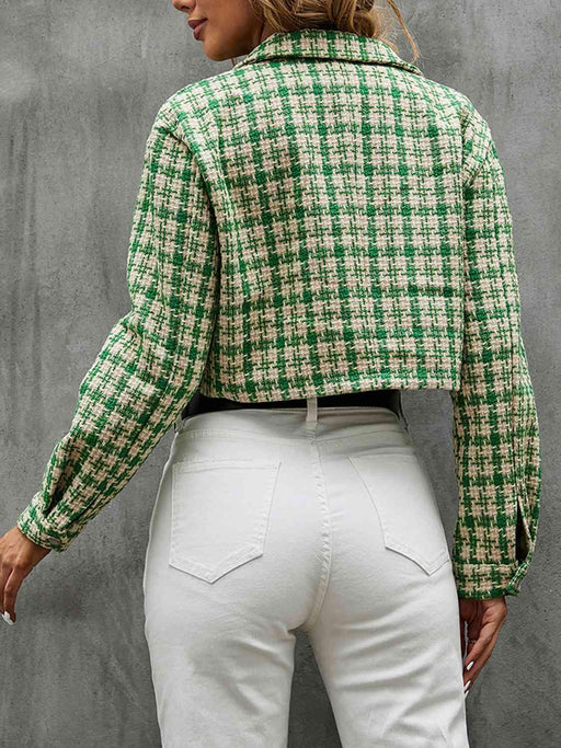 Plaid Collared Neck Long Sleeve Jacket with Button Detail