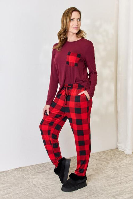 Soft Tartan Lounge Set with Crew Neck Top and Comfy Elasticized Bottoms