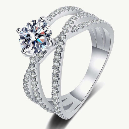 Radiant Moissanite Crisscross Silver Ring - Timeless Glamour