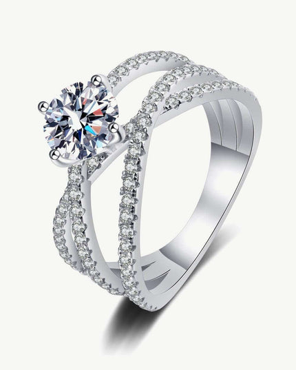 Radiant Moissanite Crisscross Silver Ring - Timeless Glamour