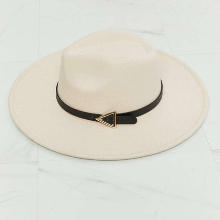 Elegant Beige Fedora Hat with Black Faux Leather Band and Gold Accent