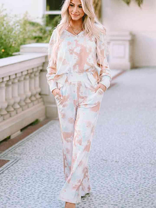 Cozy Printed Lounge Set with Long Sleeve Top and Wide Leg Pants