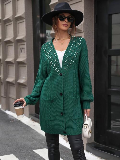 Pearl Embellished Cable-Knit Button Up Cardigan