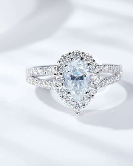 Radiant Teardrop Moissanite Split Shank Ring - Platinum-Plated Sterling Silver - 1.74 Carats Total Weight