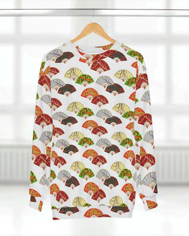 Cozy All-Over Print Crewneck Sweatshirt Featuring Japanese Fan Design