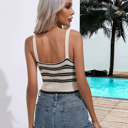 Stylish Striped Cropped Knit Top with Plunging V-Neck