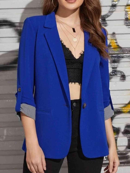 Chic Lapel Collar Blazer with Roll-Tab Sleeves and Versatile Style