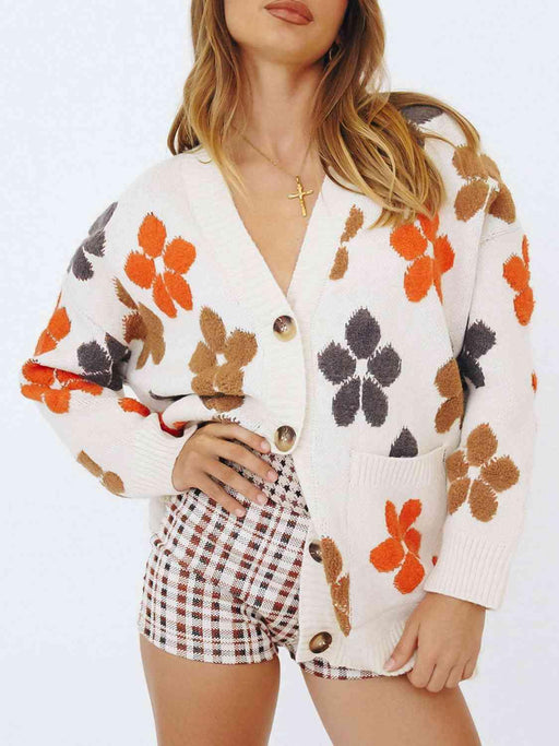 Floral Print V-Neck Button-Up Knit Cardigan with Pockets