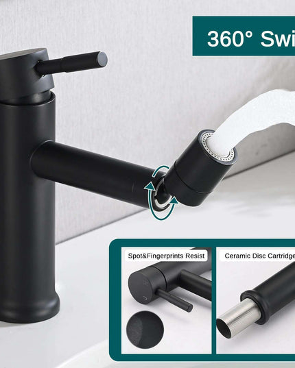 360° Rotating Matte Black Bathroom Sink Faucet with Dual Water Flow Modes