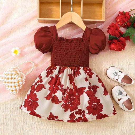 Baby Girl Floral Frill Trim Square Neck Smocked Dress Trendsi