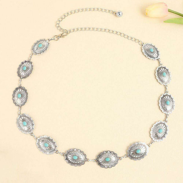 Turquoise Alloy Waist Belt with Vintage Charm - A Touch of Timeless Style