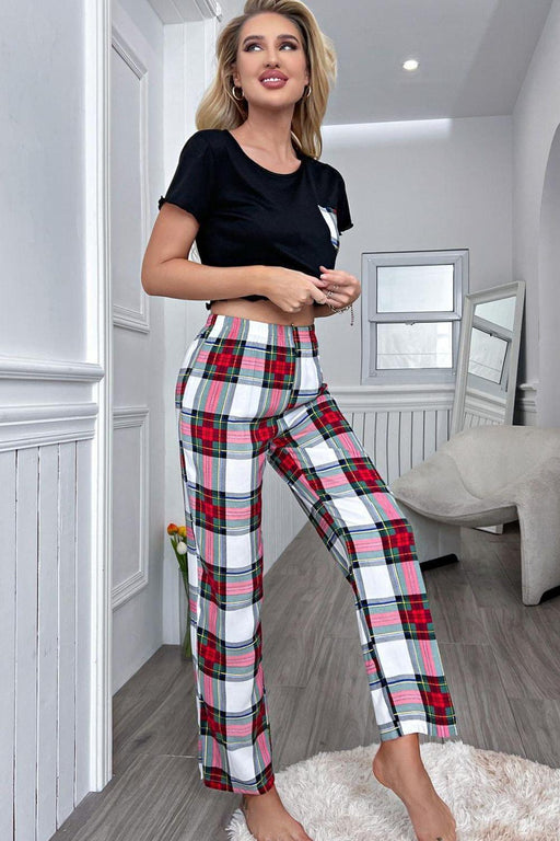 Comfort Chic Plaid Lounge Set with Lettuce Trim Crop Top and Pants