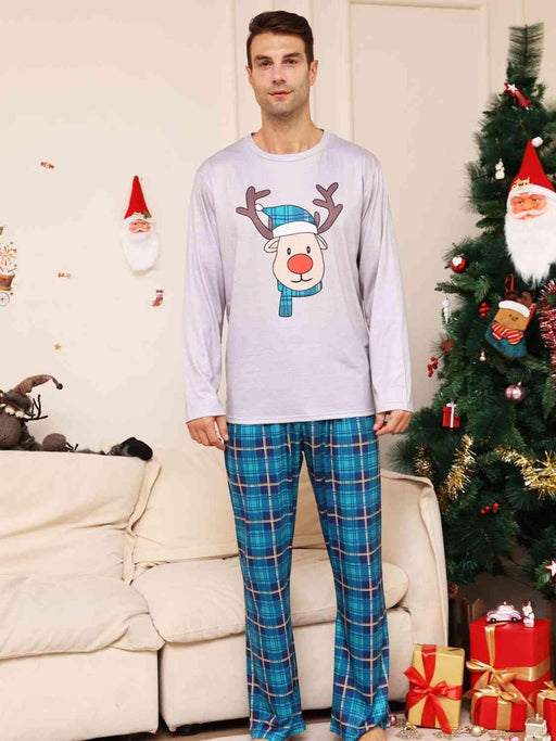 Festive Rudolph Graphic Print Two-Piece Lounge Set with Plaid Pants