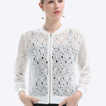 Chic Lace-Detail Zip Jacket for Effortless Elegance