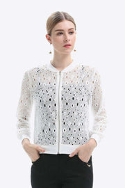Chic Lace-Detail Zip Jacket for Effortless Elegance