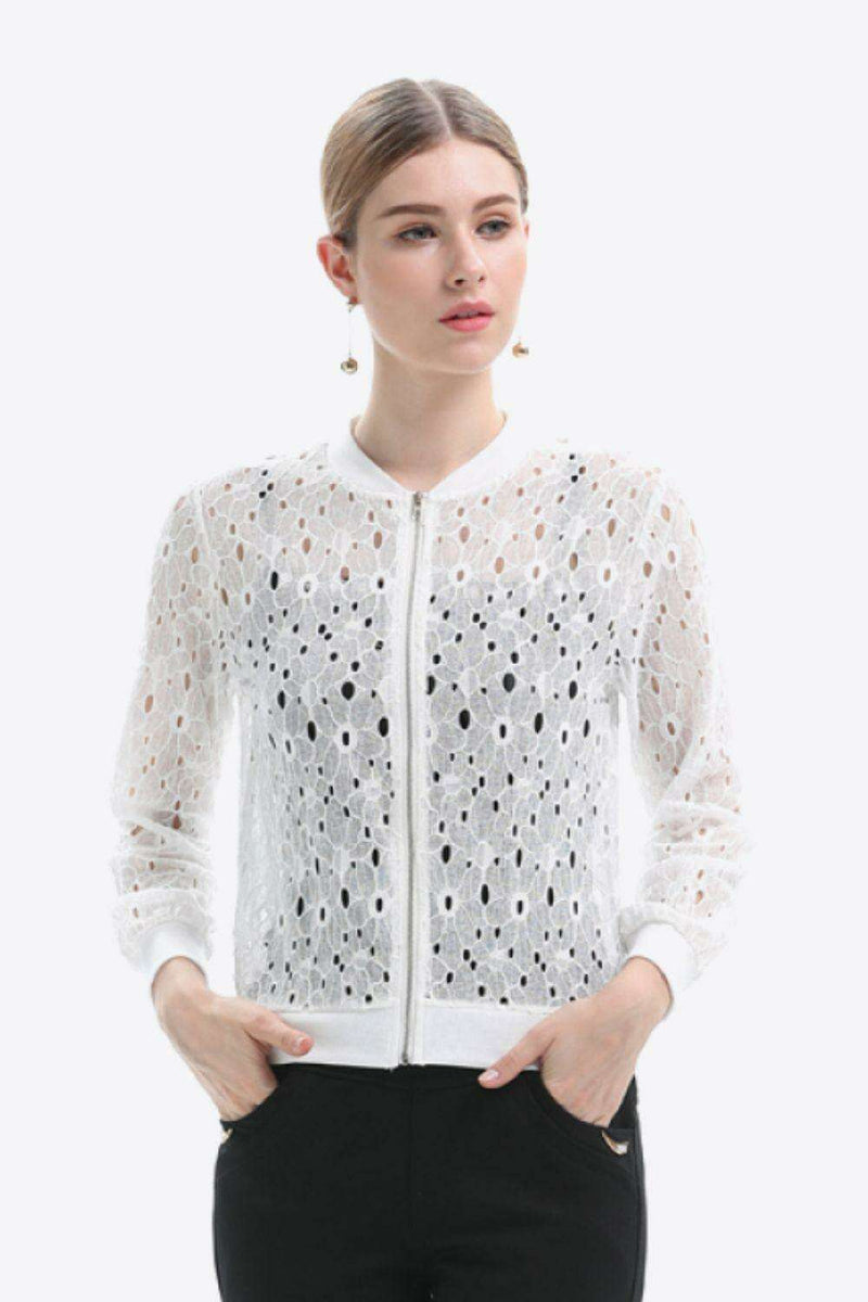 Chic Lace-Detail Zip Jacket for Effortless Elegance