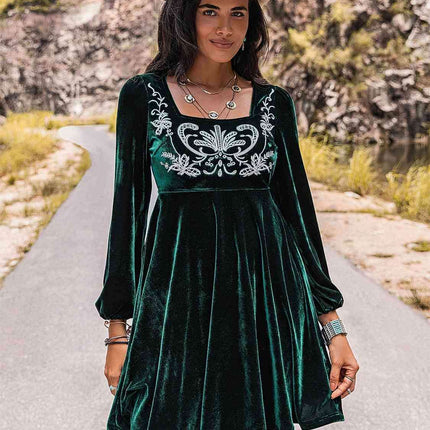 Sophisticated Long Sleeve Embroidered Square Neck Dress