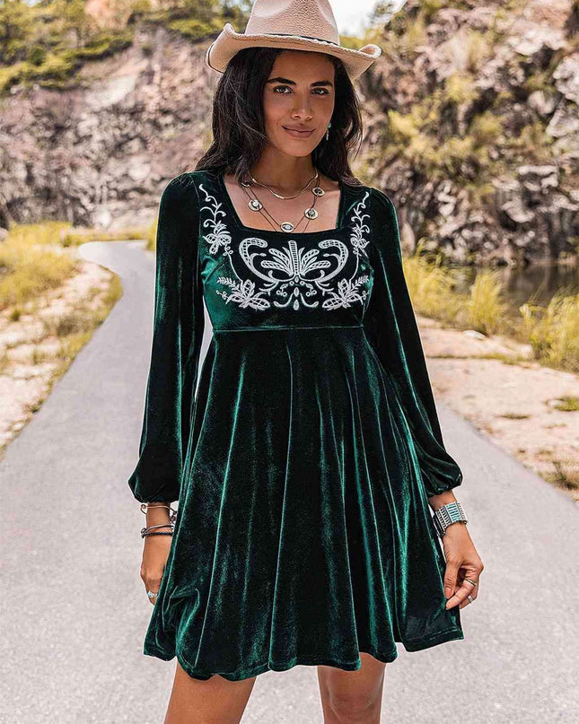 Sophisticated Long Sleeve Embroidered Square Neck Dress
