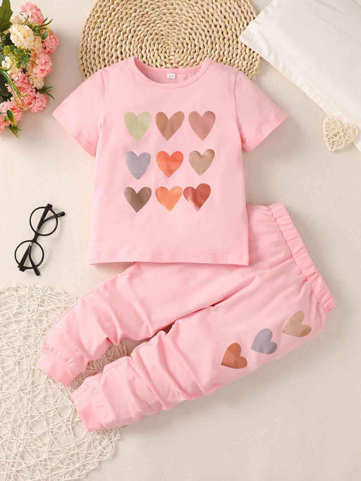 Heart Print T-Shirt and Joggers Set for Little Girls