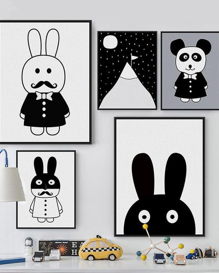 Charming Monochrome Cartoon Animal Canvas Art - Playful Home Accent