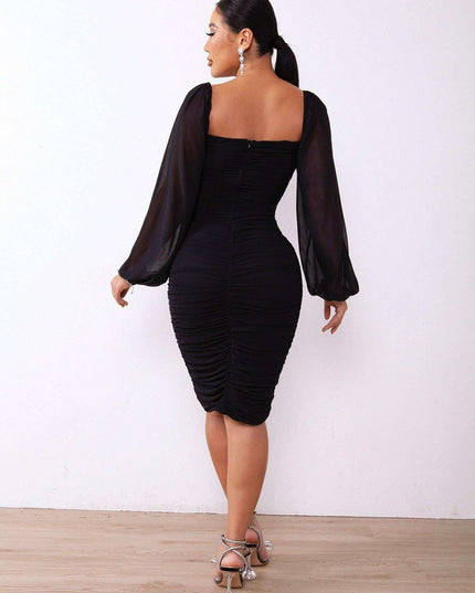 Chic Square Neck Ruched Bodycon Dress with Elegant Zip-Back