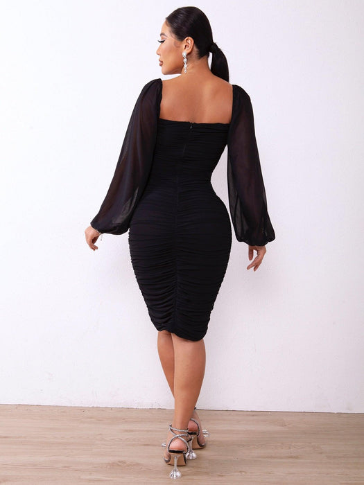 Zip-Back Ruched Square Neck Bodycon Dress