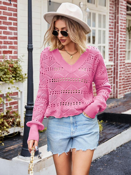 Chic Openwork V-Neck Sweater for Effortless Style