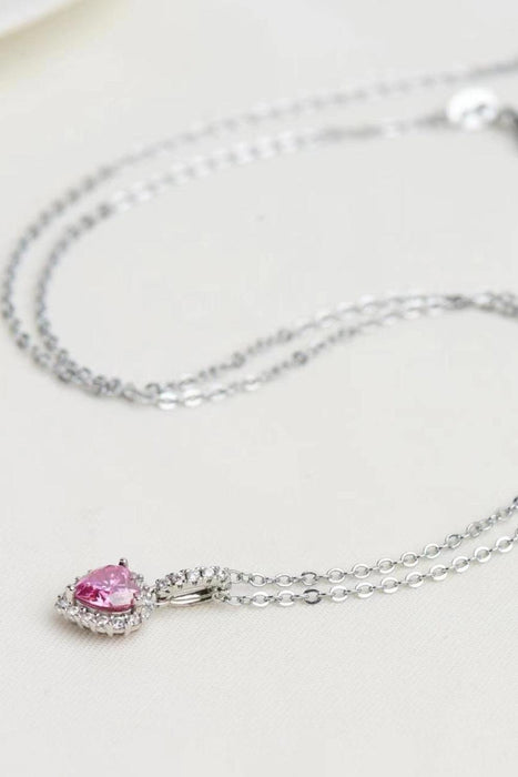 Sparkling Pink Moissanite Heart Necklace with Zircon Accents