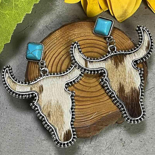 Turquoise Bull Statement Earrings with Cowhide and Alloy