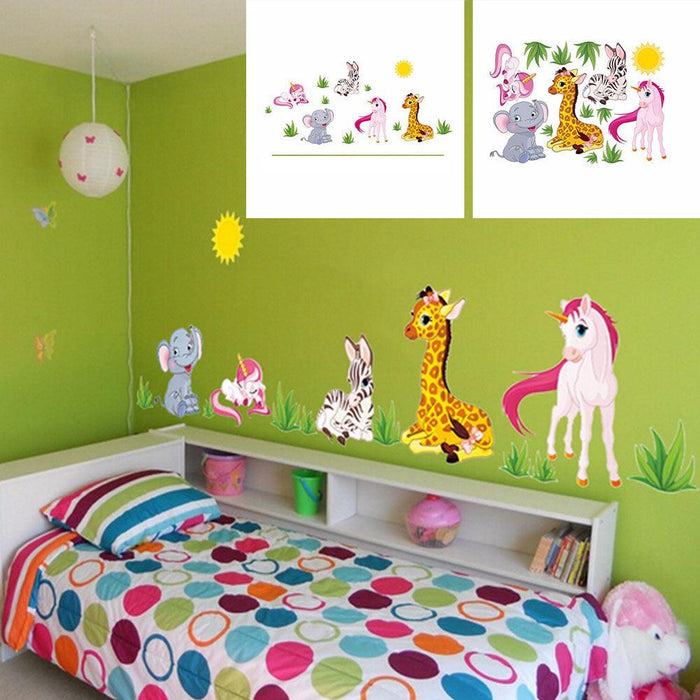 Adorable Elephant and Giraffe Cartoon Wall Decal for Children's Room Decoration