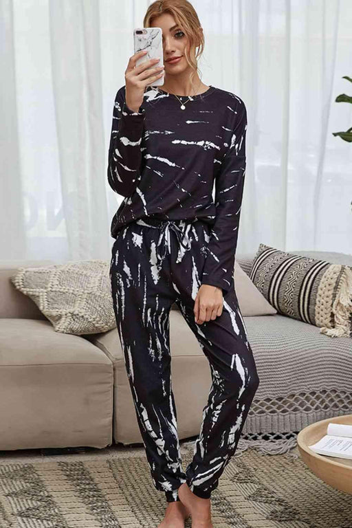 Chic Tie-Dye Cozy Lounge Set with Round Neck Top and Joggers