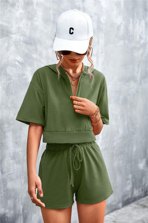 Half Zip Cropped Hooded T-Shirt and Shorts Set-Trendsi-Olive-S-Très Elite