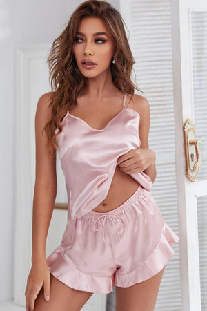 Satin Cami, Ruffle Hem Shorts Pajama Set-Trendsi-Pink-S-Très Elite