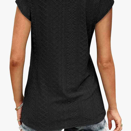Elegant Eyelet Chevron V-Neck Tee with Stylish Openwork Design