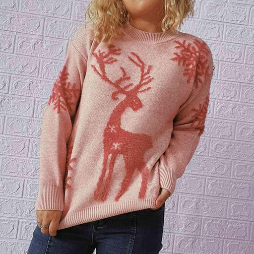 Festive Reindeer and Snowflake Print Knit Pullover