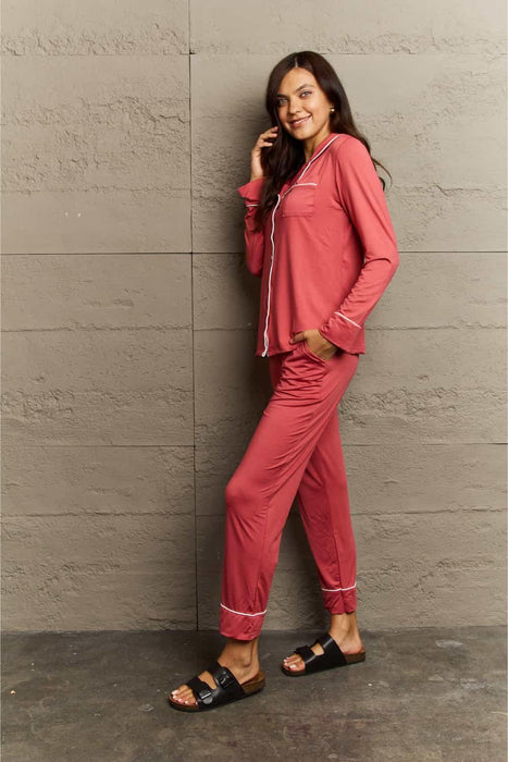 Cozy Button-Up Collared Pajama Set with Matching Trousers