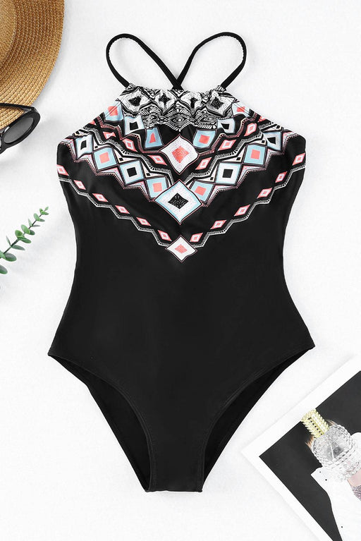 Geometric Print Crisscross Back Swimsuit with Adjustable Padding