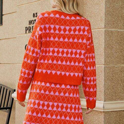Elegant Geometric Knit Cardigan and Skirt Set