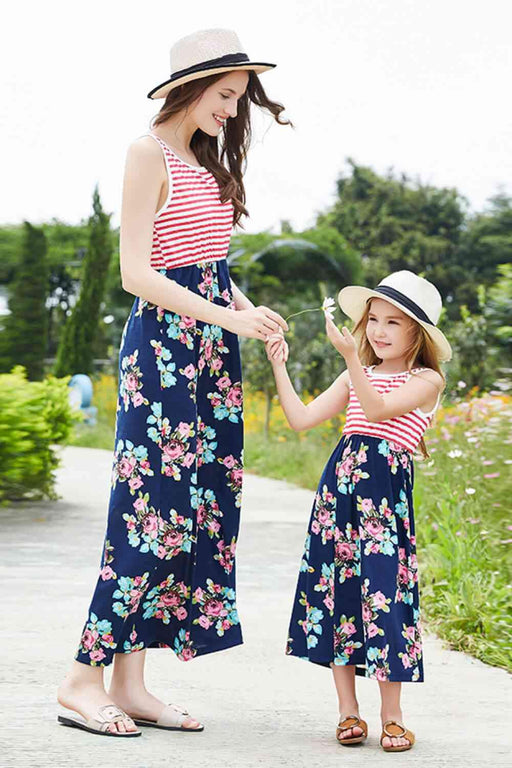 Girls' Summer Striped Floral Sleeveless Dress - Casual Chic