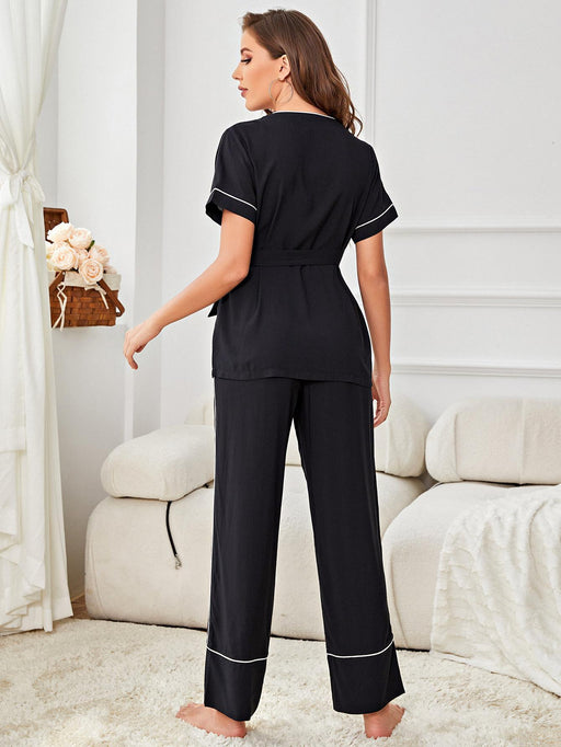 Coordinated Contrast Piping Pajama Set with Belted Top and Pants