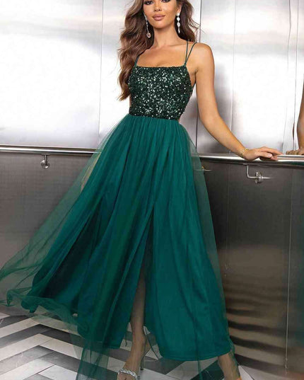 Elegant Backless Mesh Gown with Sheer Smocked Details