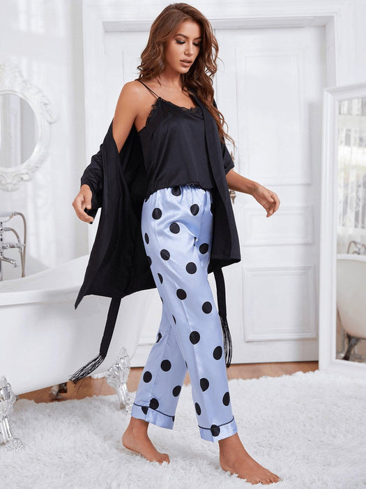 Satin Polka Dot and Floral Pajama Set with Lace Accents