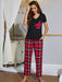 Heartfelt Comfort Lounge Wear Set with V-Neck Top and Plaid Trouser