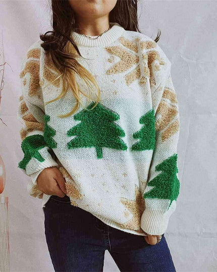 Festive Cozy Snowflake Long Sleeve Sweater with Round Neck
