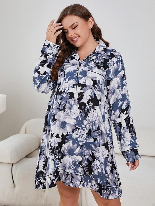 Floral Lapel Collar Plus Size Night Dress with Pockets