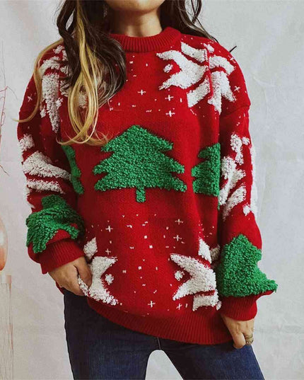 Festive Cozy Snowflake Long Sleeve Sweater with Round Neck
