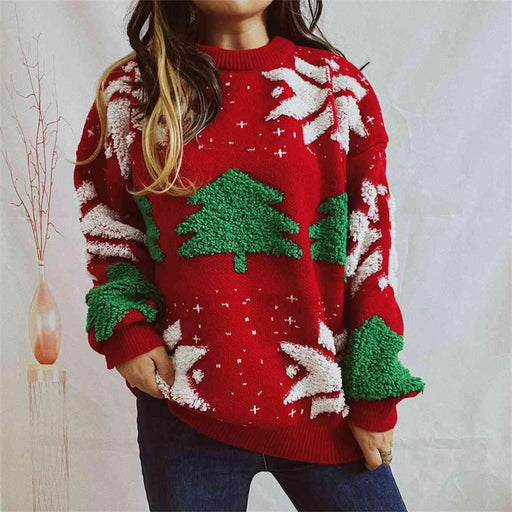Snowflake Christmas Sweater with Round Neck and Long Sleeves